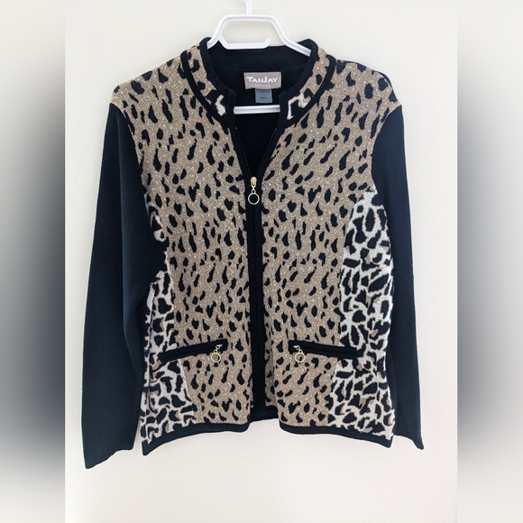 Vintage Tanjay Animal Print Full Zip Sweater Cardigan Size M - Picture 1 of 7